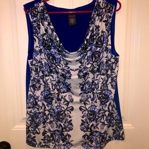 Covington sleeveless cowl neck royal blue cottagecore floral rose pattern top; L